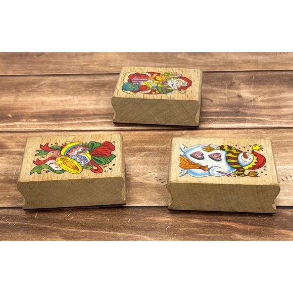 VINTAGE UNBRANDED WOOD MOUNTED RUBBER STAMP SET OF 3 SANTA SNOWMAN BELLS BOW - Picture 6 of 6